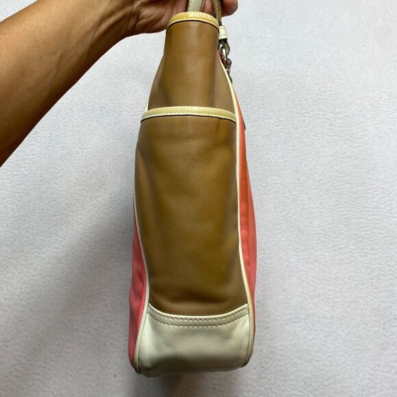 Coach Park Color Block Tote Shoulder Bag Smooth Leather Coral Tan White F23683 - Picture 9 of 13